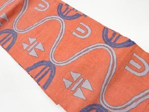 リサイクル　手織紬曲線に抽象模様織出し名古屋帯